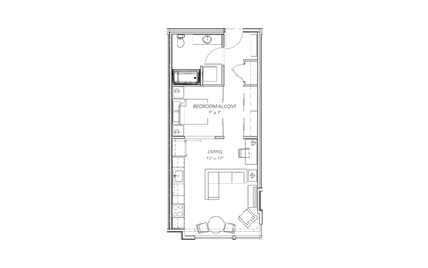 a floor plan of a small apartment with a bedroom and a living room